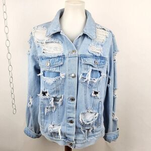 Forever 21 Light Wash Distressed Ripped Denim Trucker Jean Jacket Womens sz M
